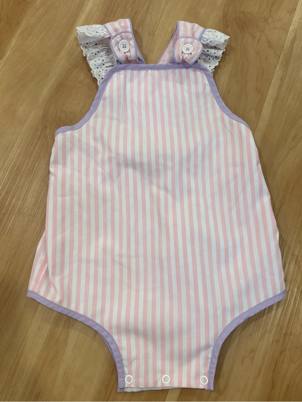 The Beaufort Bonnet Company Pink and White Striped Sunsuit with Lavender Trim